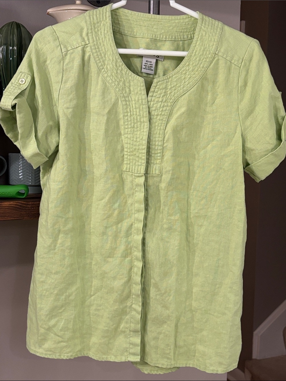 Orvis 100% Linen Blouse Women’s XS 4 Light Green Roll Tab Short Sleeve Top